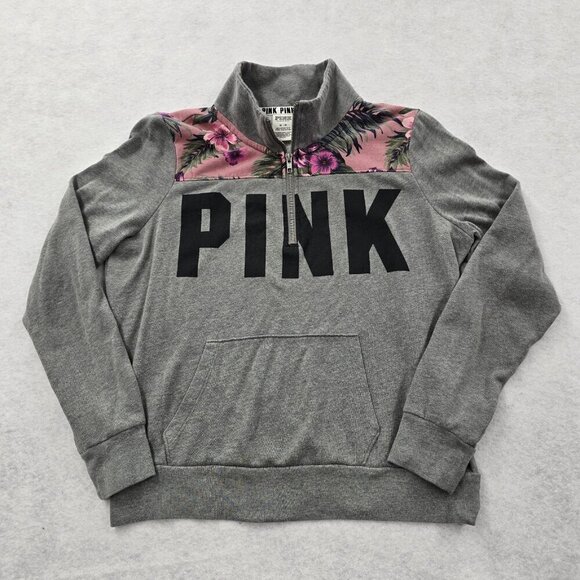 PINK Victoria's Secret Tops - Victoria’s Secret PINK Quarter Zip Pullover Sweatshirt Sz M Gray Tropical Floral